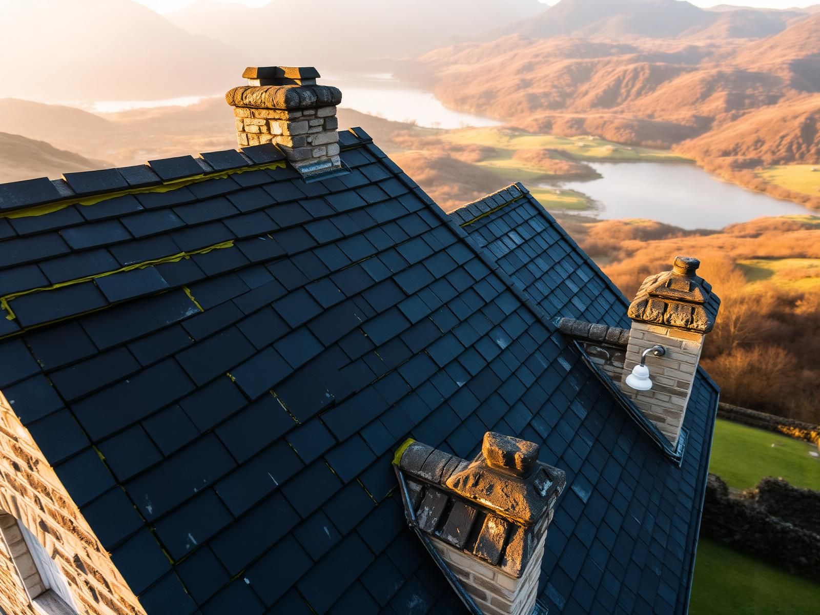 Aerial drone roof inspection of a British slate roof in Cumbria — non-invasive roof survey by Town & Country Roofing Carlisle