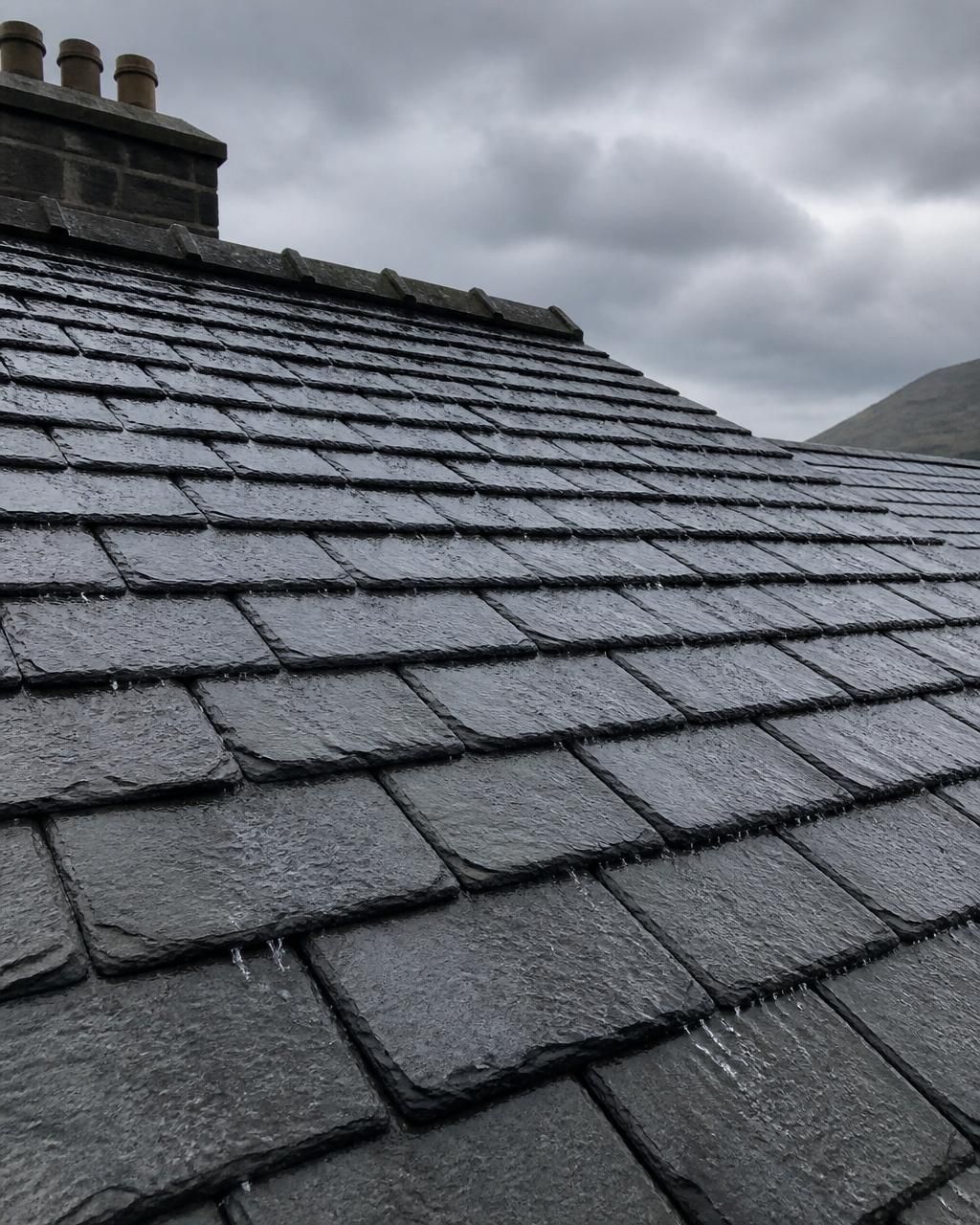 Traditional UK slate roof in the rain — weather-tested roofing craftsmanship from Carlisle roofers